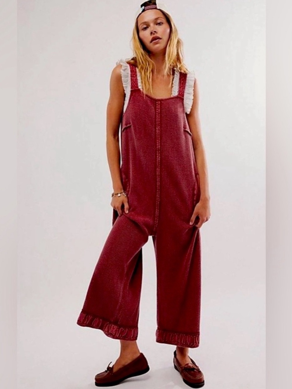 NWOT FREE PEOPLE Fp One Callie Red Brick One-Piece Waffle Knit Jumpsuit S